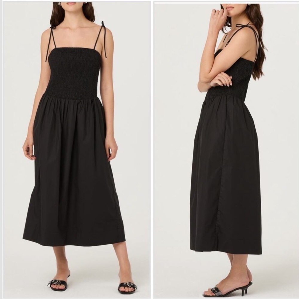 ASTR The Label Drop Waist Smoked Cotton Midi Dress Black Size Small
